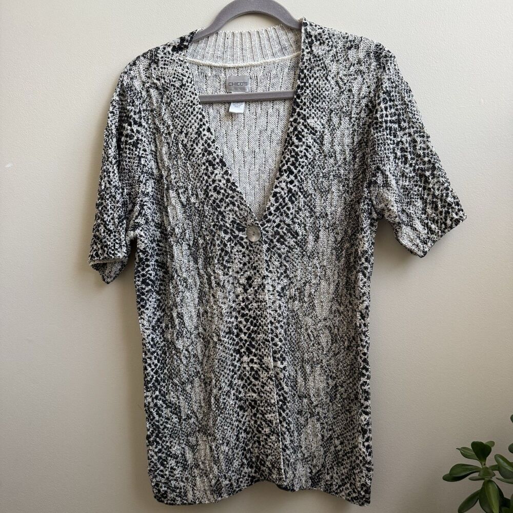 Chicos Short Sleeve Snake Print Cardigan Sweater Cream Black Chicos 3 (XL 16/18)